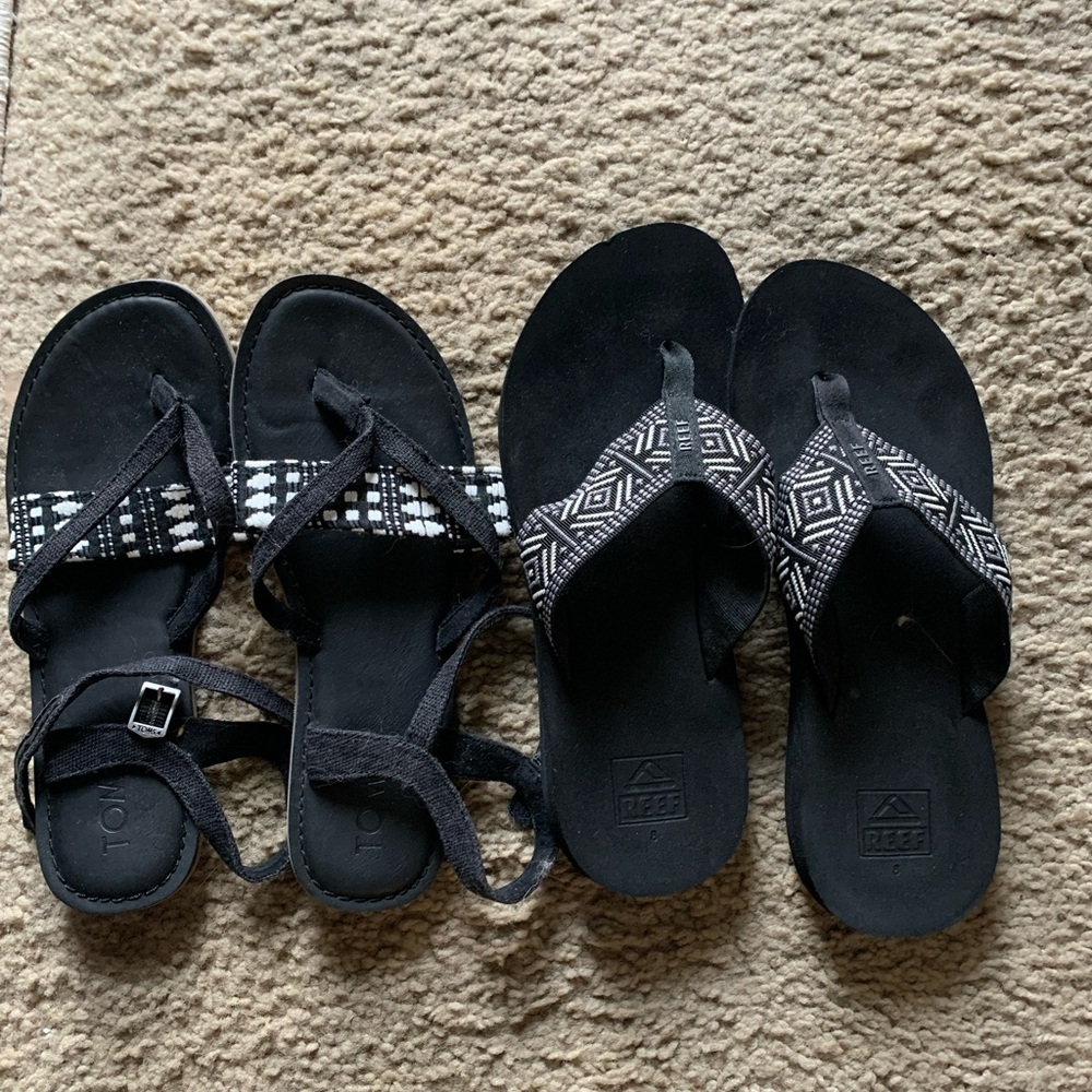 Reef and Tom’s flip flop and sandal. Size 7. Like new. Black